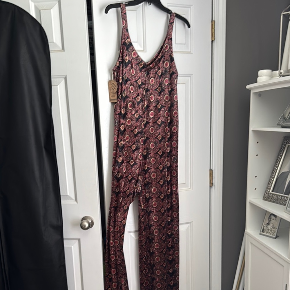 NATURAL LIFE Black and Burgundy Jumpsuit with Straps NWT